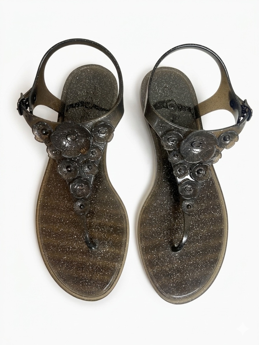 COACH Tea Rose Black Glitter Jelly Sandals T-Strap Thong Flat G2071 Size 8